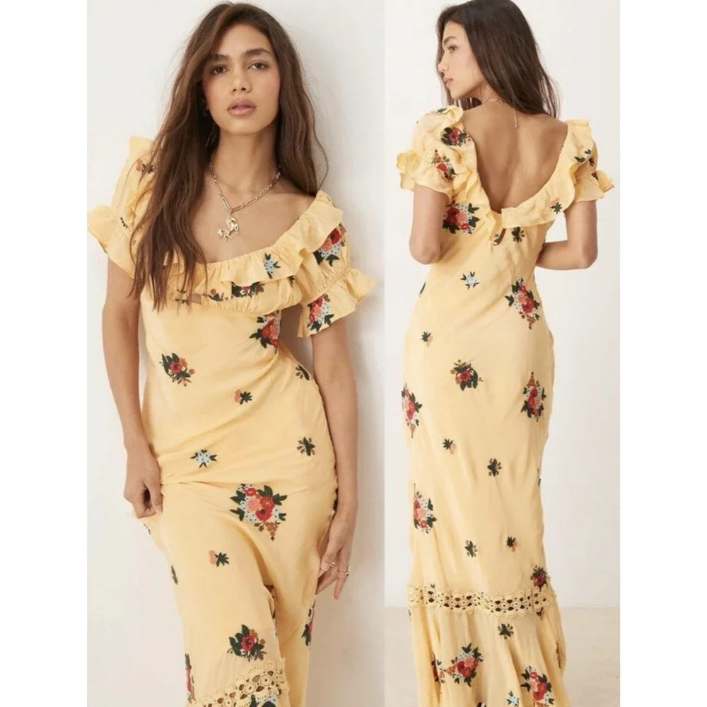 Free People Bali Santa Cruz Ruffle Maxi Dress S Yellow Floral Puff Sleeve Boho